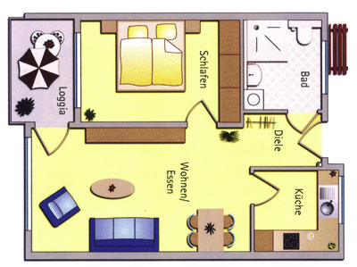 Grundriss einer Wohnung mit Loggia, Schlafzimmer, Bad, Diele, Küche und Wohn-Essbereich mit Möbeln und Pflanzen.